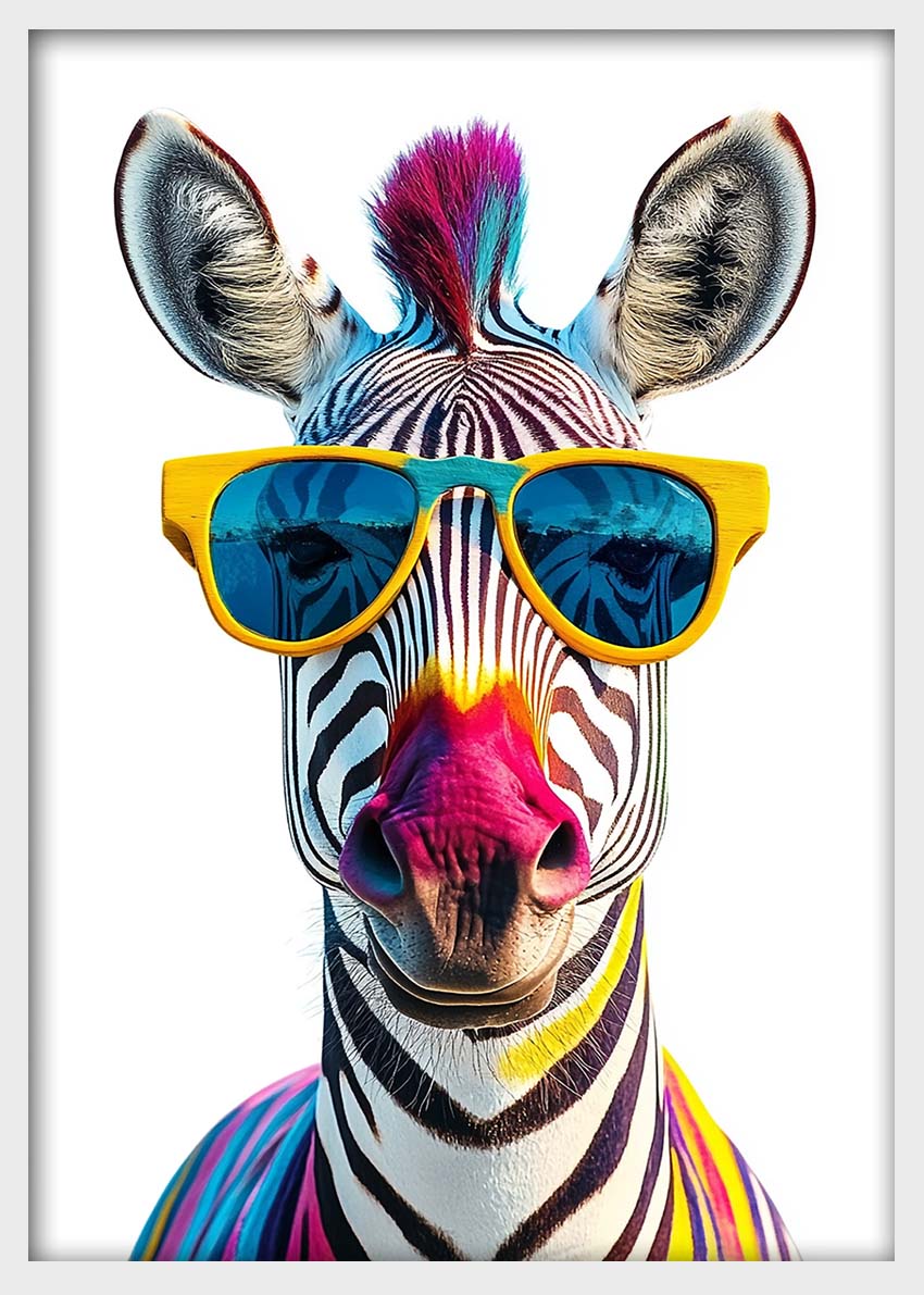 Colorful Zebra with Sunglasses Wall Art – Fun Animal Canvas & Poster Print – T1451 –