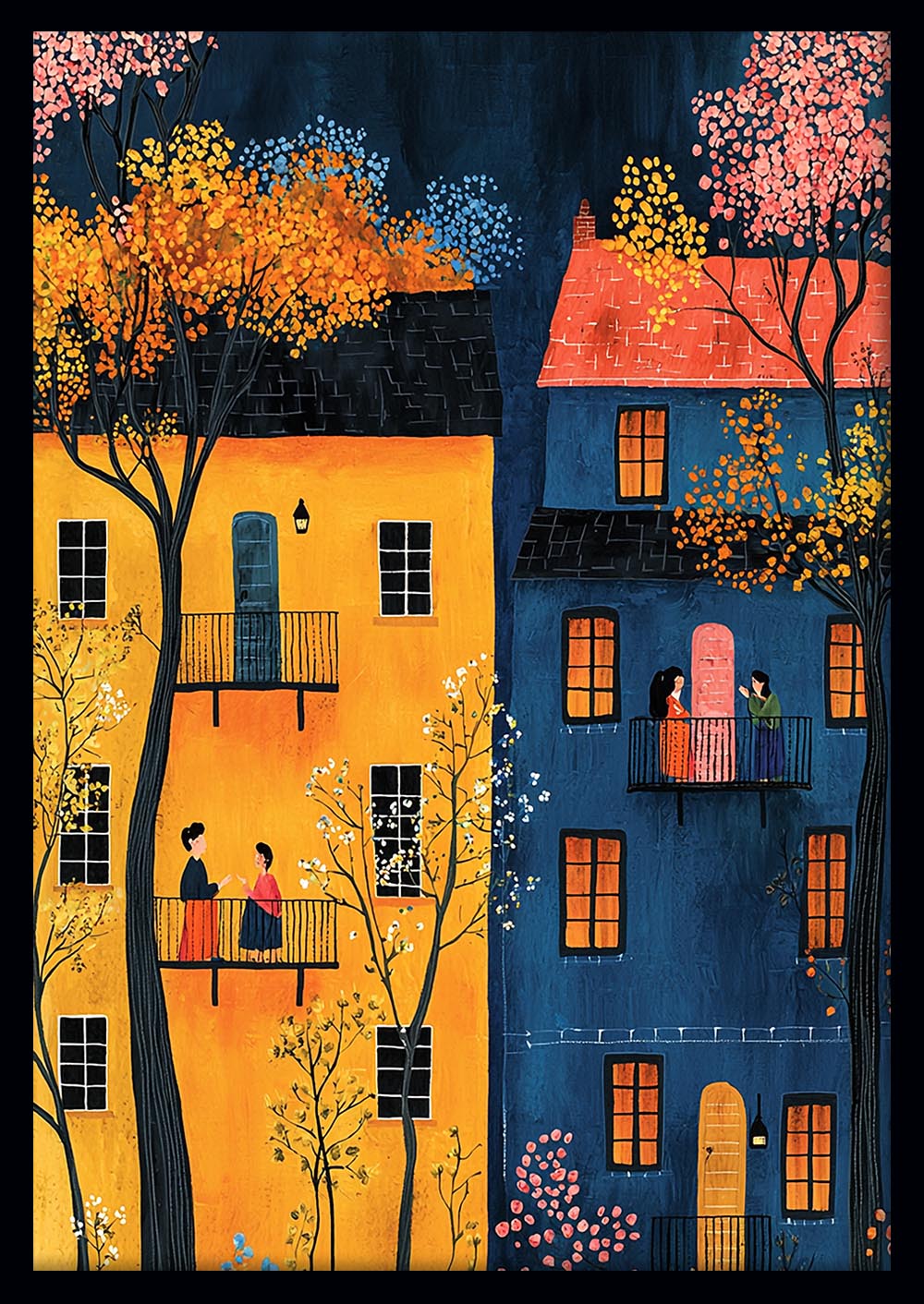 Colorful Balcony Neighbors Canvas Wall Art & Poster Print | Whimsical Night City Illustration – T1346 – Aiprintlab 1