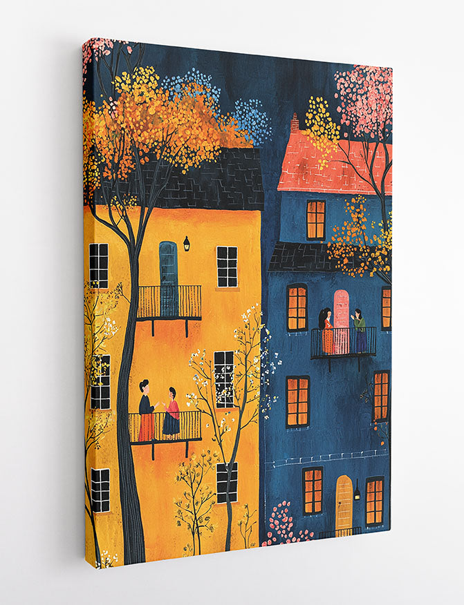 Colorful Balcony Neighbors Canvas Wall Art & Poster Print | Whimsical Night City Illustration – T1346 – Aiprintlab 2