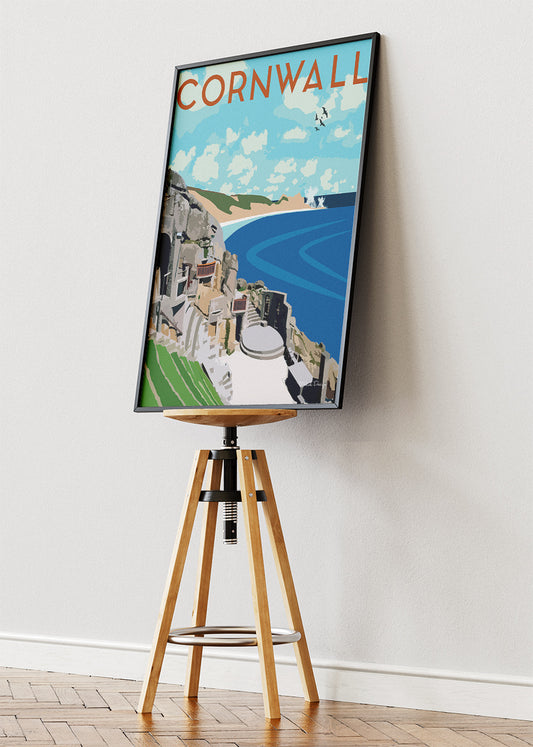 Cornwall UK Poster & Canvas Print – Vintage Coastal Cliff & Ocean Illustration