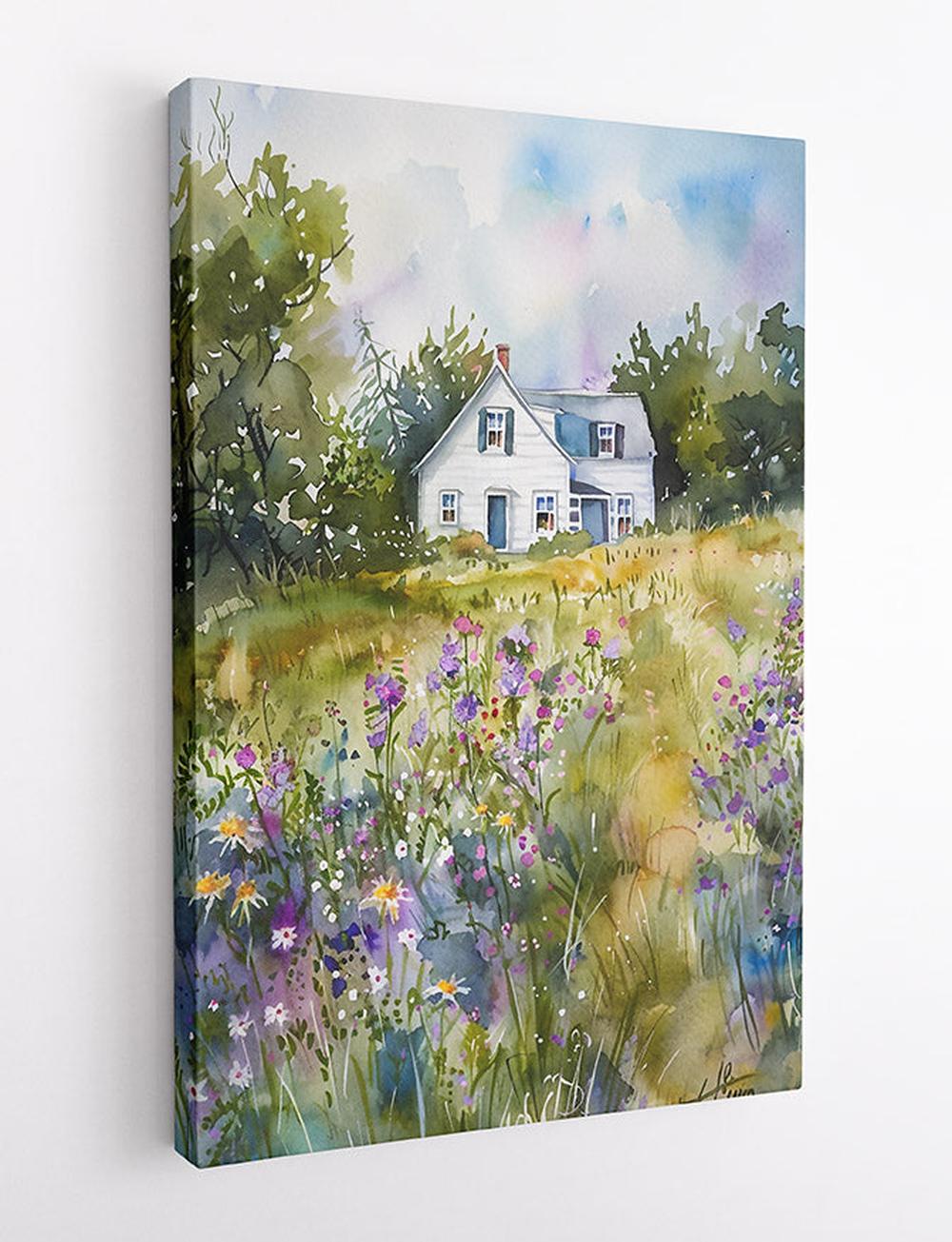 Country Cottage in Wildflower Meadow Watercolour Canvas Print & Poster – T682 – AiPrintLab