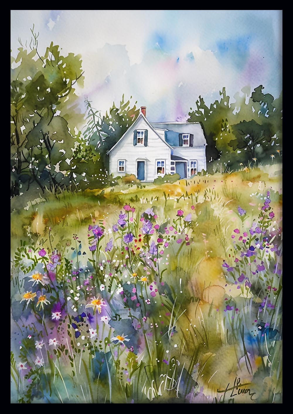 Country Cottage in Wildflower Meadow Watercolour Canvas Print & Poster – T682 – AiPrintLab