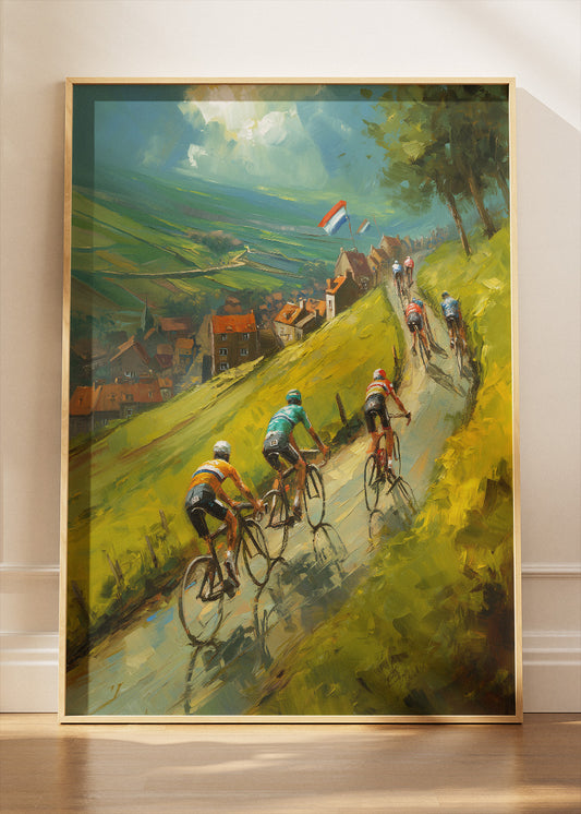 Countryside Hill Cycling Poster & Canvas Art Print – Riders Through Green Valleys