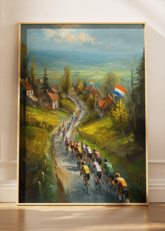 Countryside Village Cycling Poster & Canvas Art Print – Peloton Riding Through Rural Hills
