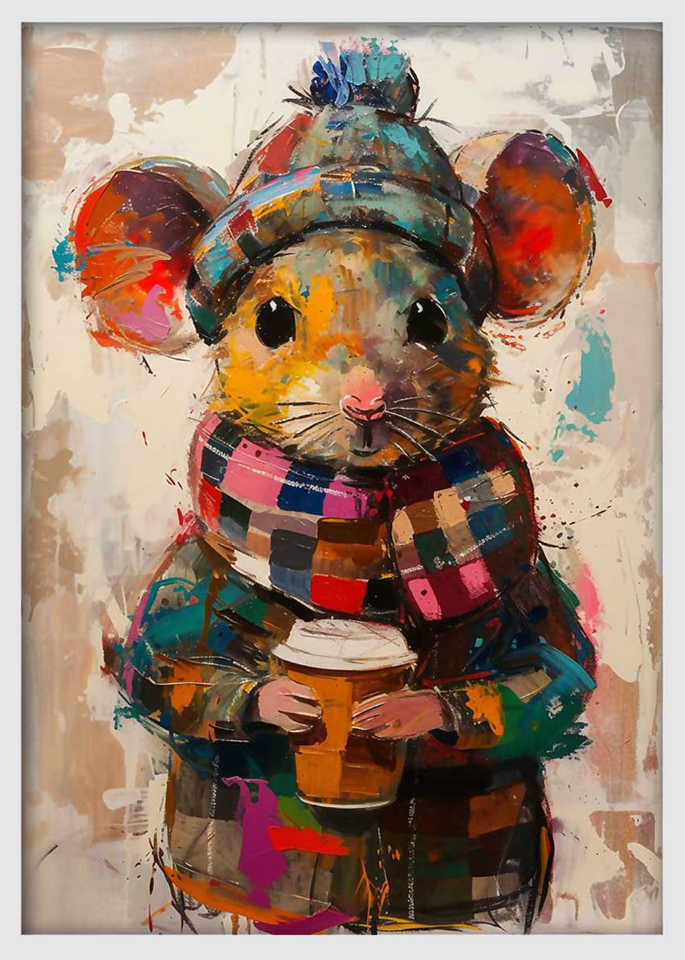 Cozy Winter Mouse with Coffee – Whimsical Animal Canvas & Poster Wall Art – T901 – AiPrintLab