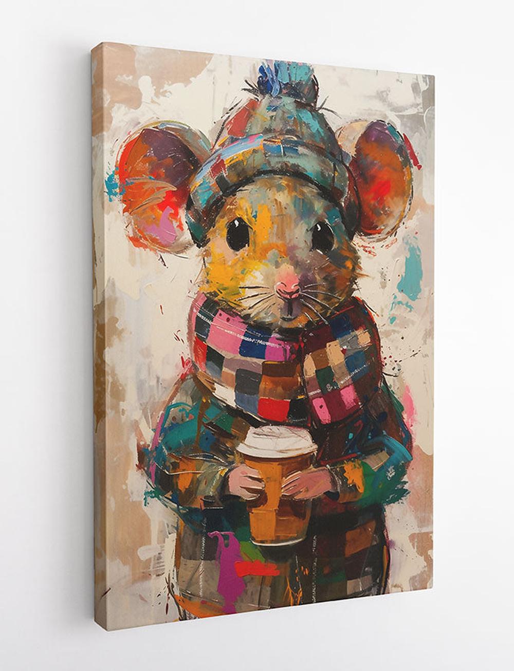 Cozy Winter Mouse with Coffee – Whimsical Animal Canvas & Poster Wall Art – T901 – AiPrintLab