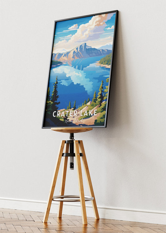 Crater Lake National Park Poster & Canvas Print – Illustrated Scenic Lake & Mountain Wall Art