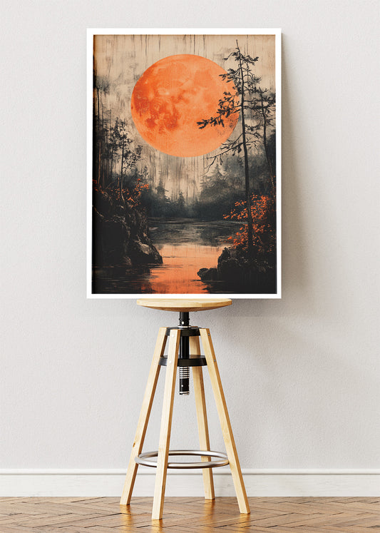 Crimson Moon Over Misty Forest Lake – Dramatic Night Landscape Wall Art Poster & Canvas – AI PRINT LAB