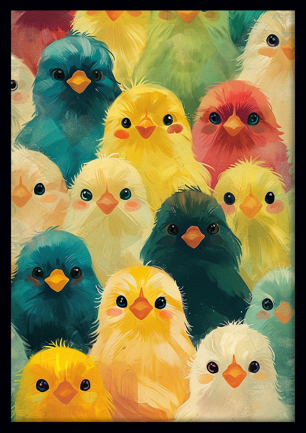 Cute Colorful Chicks – Whimsical Bird Flock Canvas & Poster Wall Art – T1206 – AiPrintLab