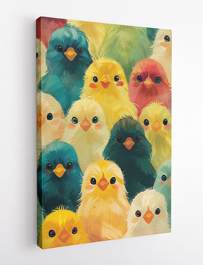 Cute Colorful Chicks – Whimsical Bird Flock Canvas & Poster Wall Art – T1206 – AiPrintLab