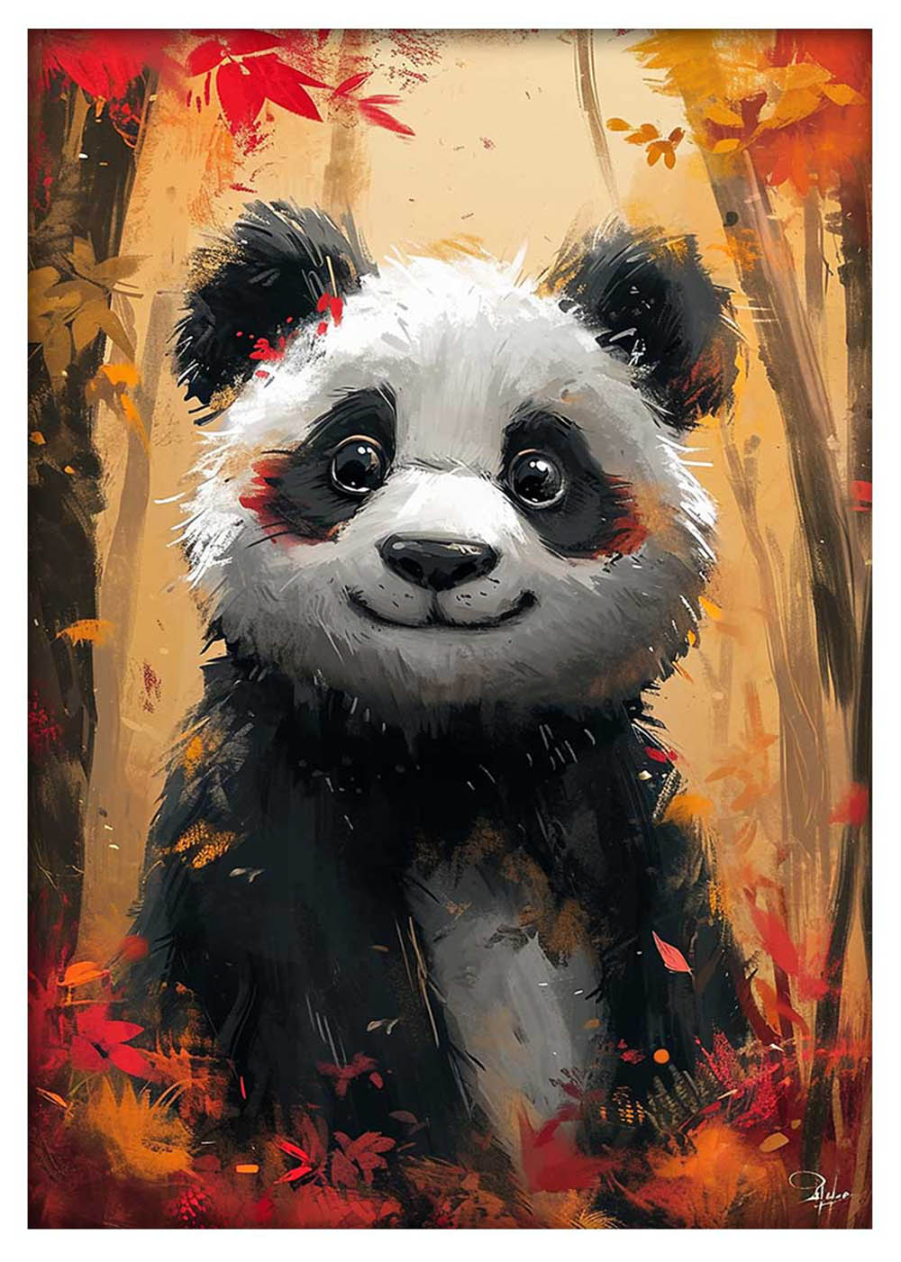 Cute Smiling Panda in Autumn Forest – Whimsical Animal Canvas & Poster Art – T924 – AiPrintLab