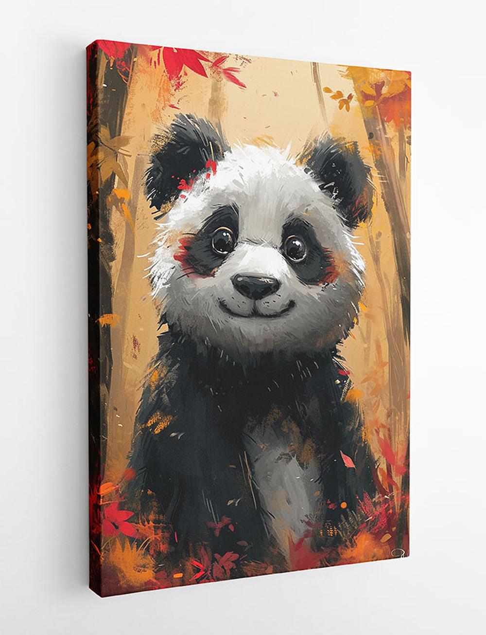 Cute Smiling Panda in Autumn Forest – Whimsical Animal Canvas & Poster Art – T924 – AiPrintLab