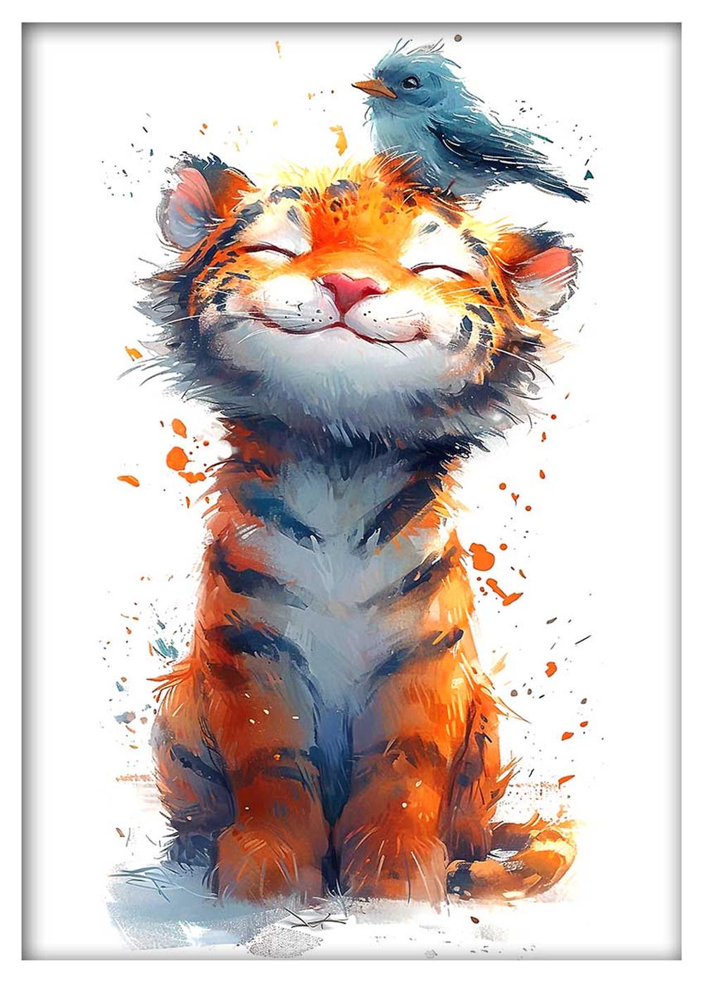 Cute Tiger Cub & Blue Bird Canvas Art & Poster – T614 – AiPrintLab