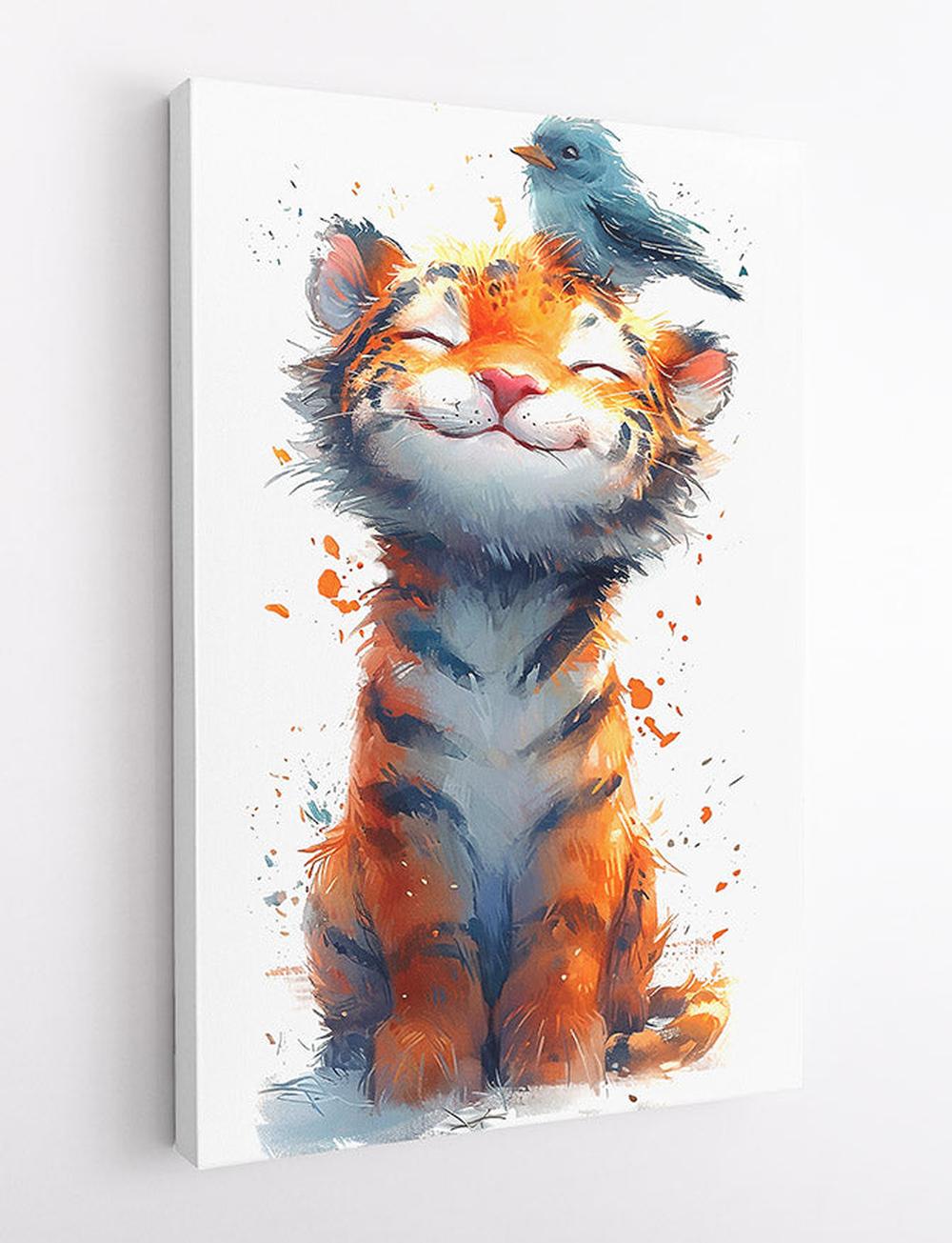 Cute Tiger Cub & Blue Bird Canvas Art & Poster – T614 – AiPrintLab