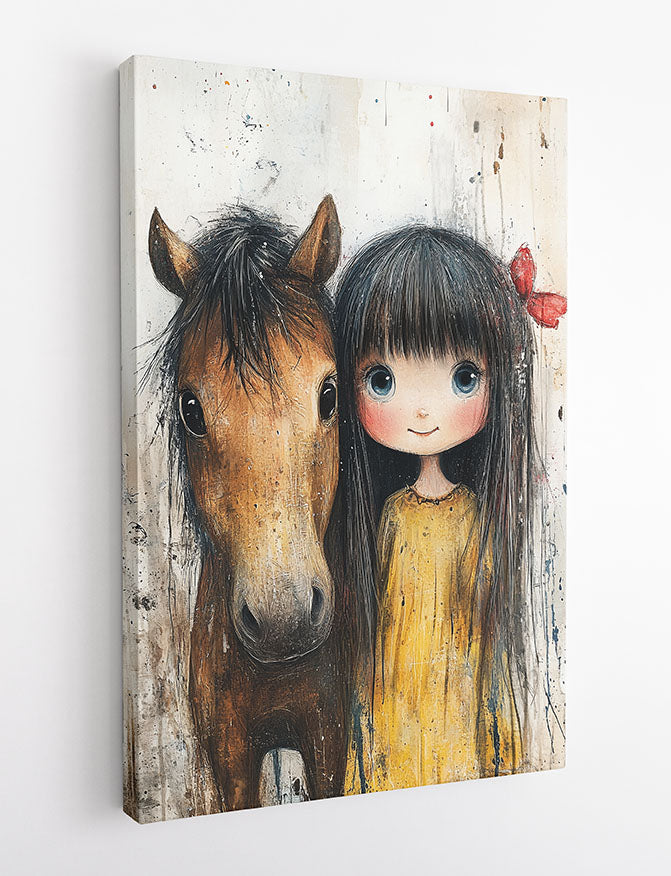 Cute Girl with Horse Canvas Wall Art & Poster Print | Whimsical Animal Friendship – T1371 – Aiprintlab 2