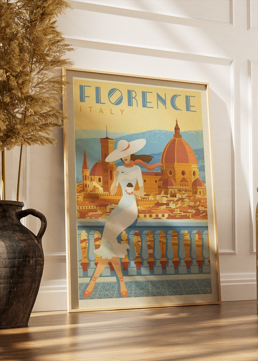 Florence Italy Vintage Travel Poster & Canvas Print – Elegant Woman, Cathedral Duomo View Art