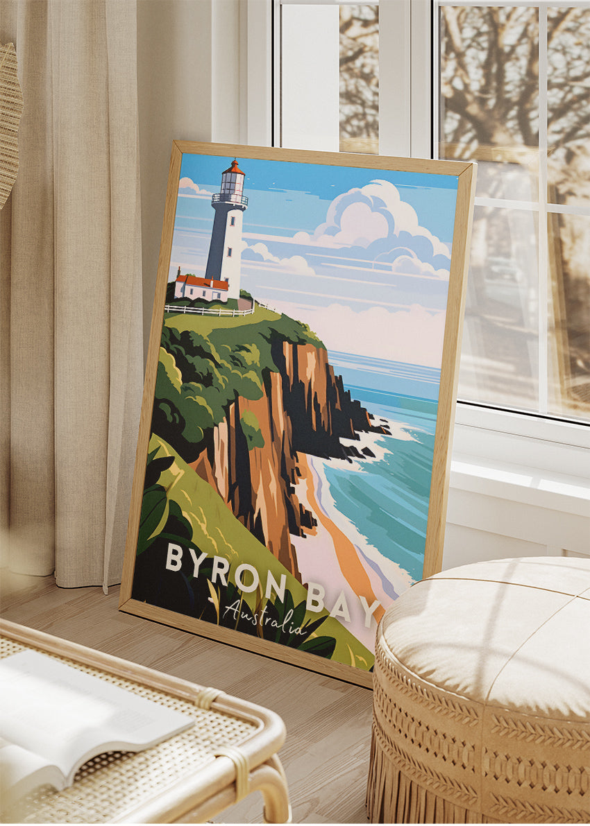 Byron Bay Australia Travel Poster & Canvas Wall Art – Lighthouse Coastal Cliff Illustration Print