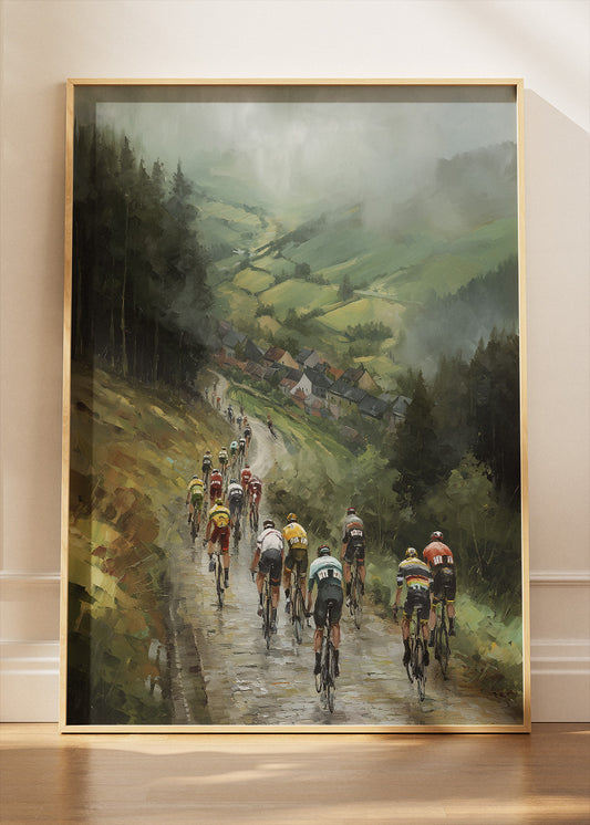 Misty Valley Cycling Descent Art Print & Canvas – Atmospheric European Peloton Wall Art