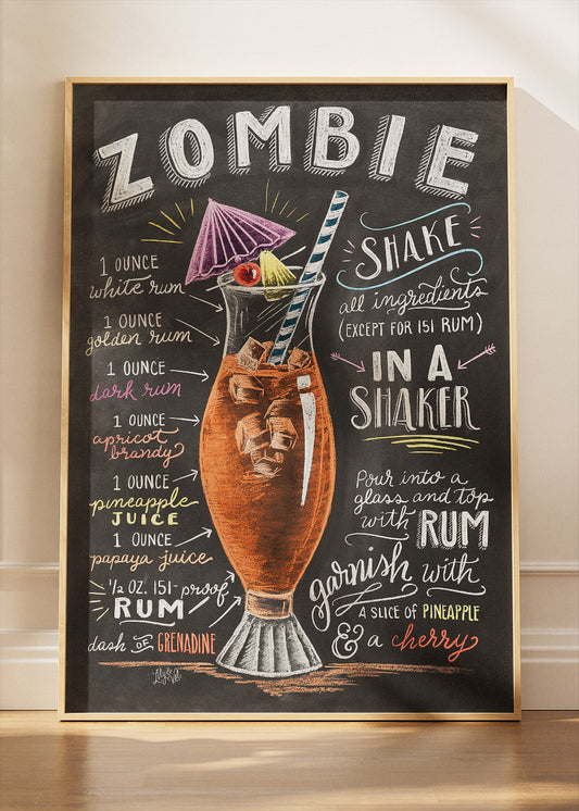 Zombie Vintage Cocktail Recipe Poster & Canvas Print | Chalkboard Tiki Bar Wall Art