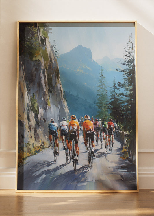 Alpine Mountain Peloton Cycling Art Print & Canvas – Scenic Climb Road Cycling Wall Art