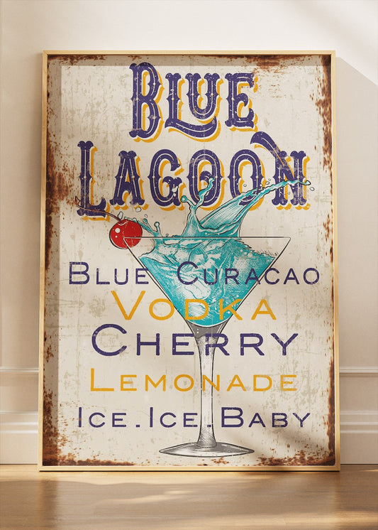 Blue Lagoon Vintage Cocktail Poster & Canvas Print | Retro Bar Sign Wall Art