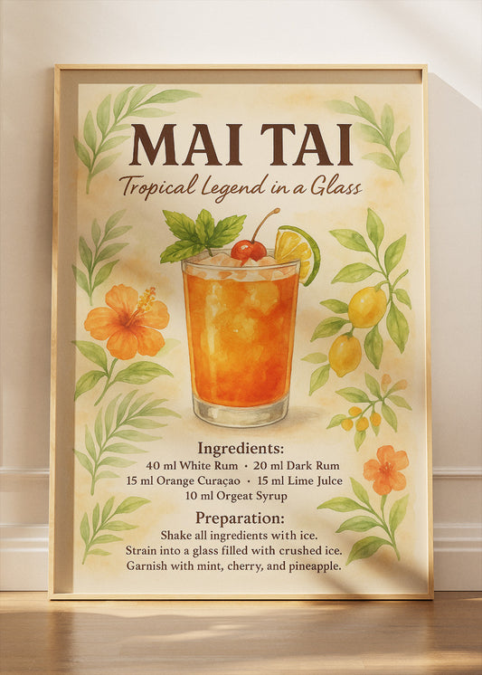 Mai Tai Tropical Cocktail Recipe Poster & Canvas Print | Watercolor Bar Wall Art