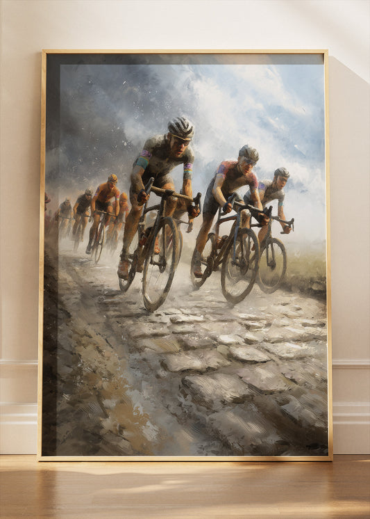 Cobbled Classics Cycling Art Print & Canvas – Peloton in the Storm