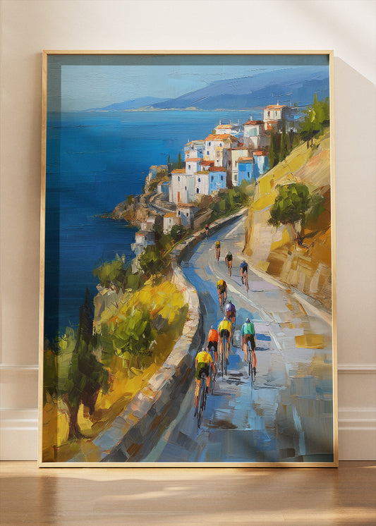 Coastal Road Cycling Art Print & Canvas – Peloton Above the Sea