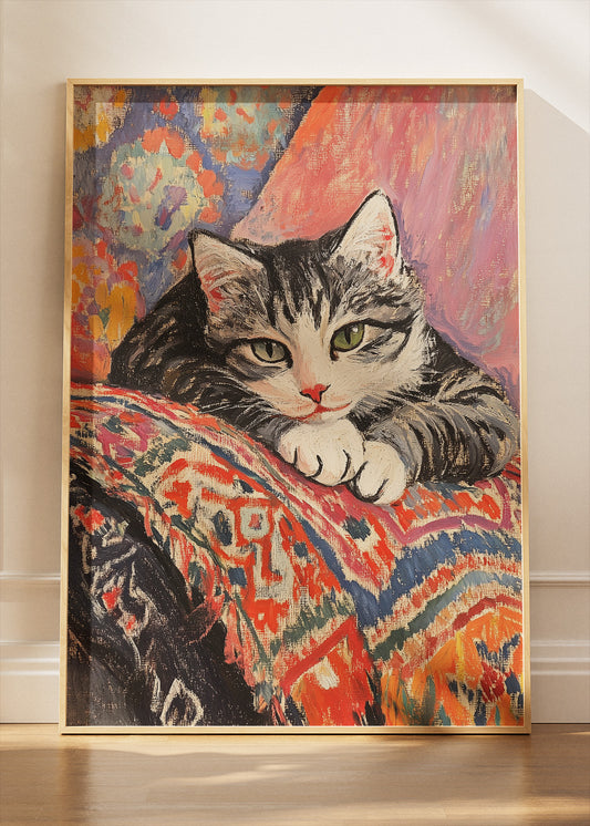 Sleeping Tabby Cat Art Print & Canvas – Cozy Painterly Cat Wall Art