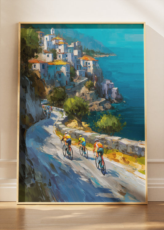 Cliffside Coastal Cycling Art Print & Canvas – Riders Above the Mediterranean