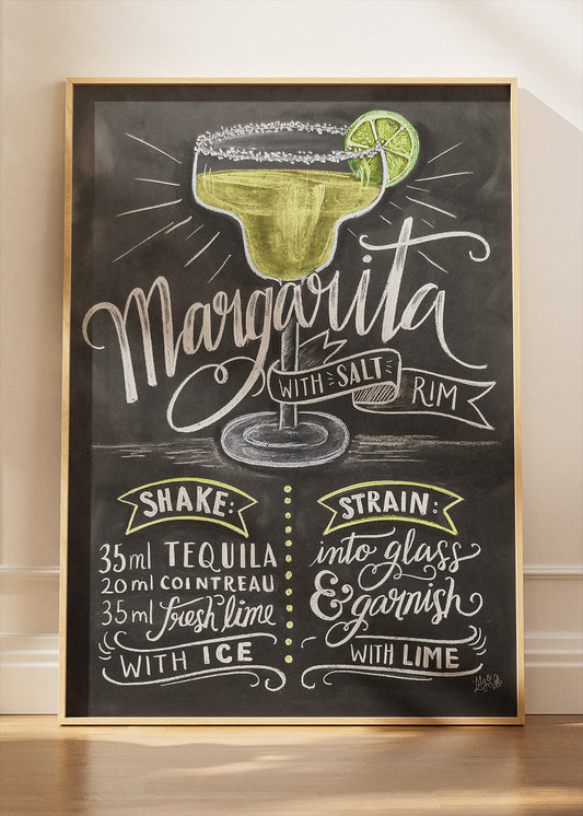 Margarita Chalkboard Cocktail Recipe Poster & Canvas Print | Vintage Bar Wall Art