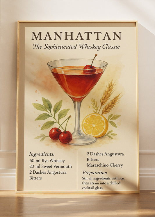 Manhattan Watercolor Cocktail Recipe Poster & Canvas Print | Elegant Vintage Bar Wall Art