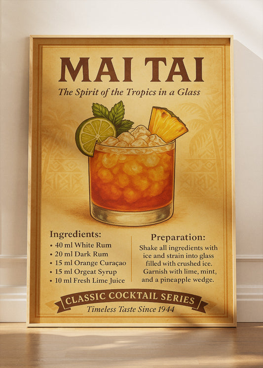 Mai Tai Classic Cocktail Recipe Poster & Canvas Print | Vintage Tropical Bar Wall Art