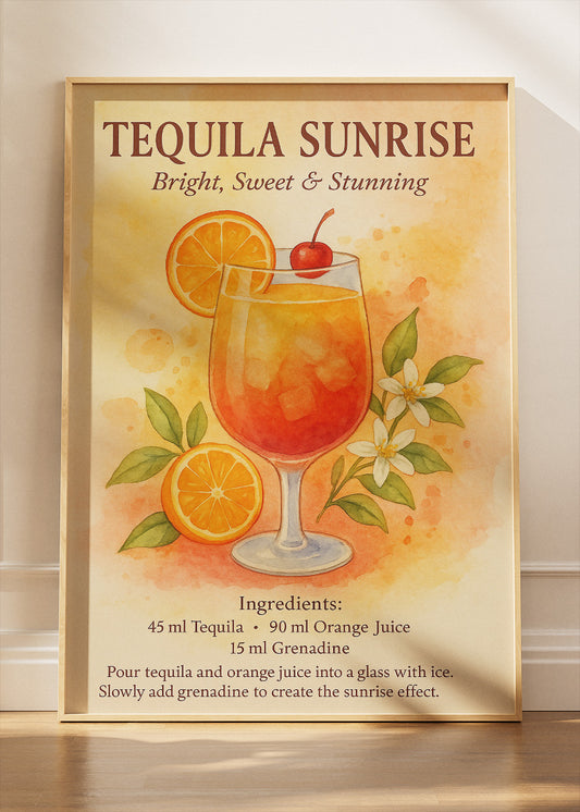 Tequila Sunrise Watercolor Poster & Canvas Print | Botanical Cocktail Wall Art