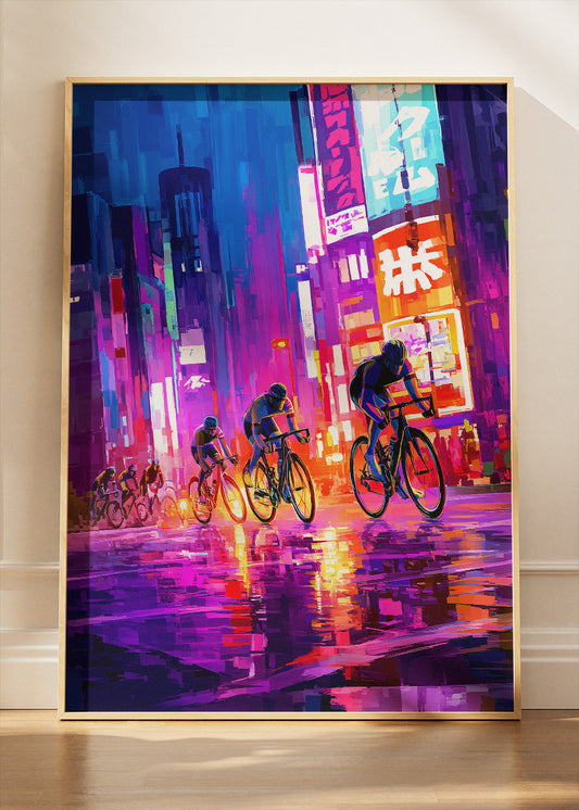 Neon Rain Sprint Cycling Art Print & Canvas – Midnight City Breakaway