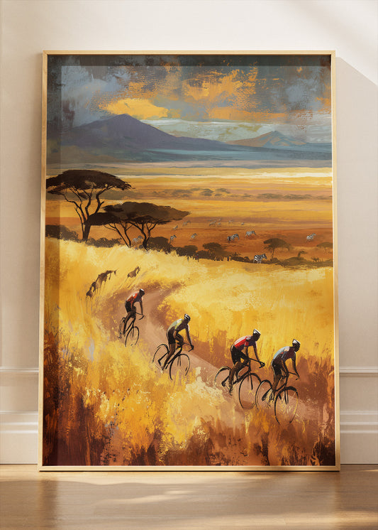 Golden Savanna Cycling Poster & Canvas Art Print – Endless Horizon Ride