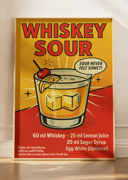 Whiskey Sour Vintage Cocktail Poster & Canvas Print | Retro Bar Wall Art