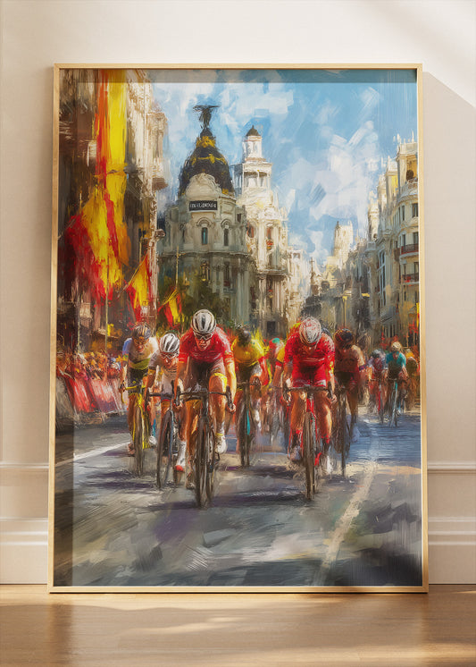Urban Peloton Cycling Poster & Canvas Art Print – High-Speed Road Race Through a Historic City