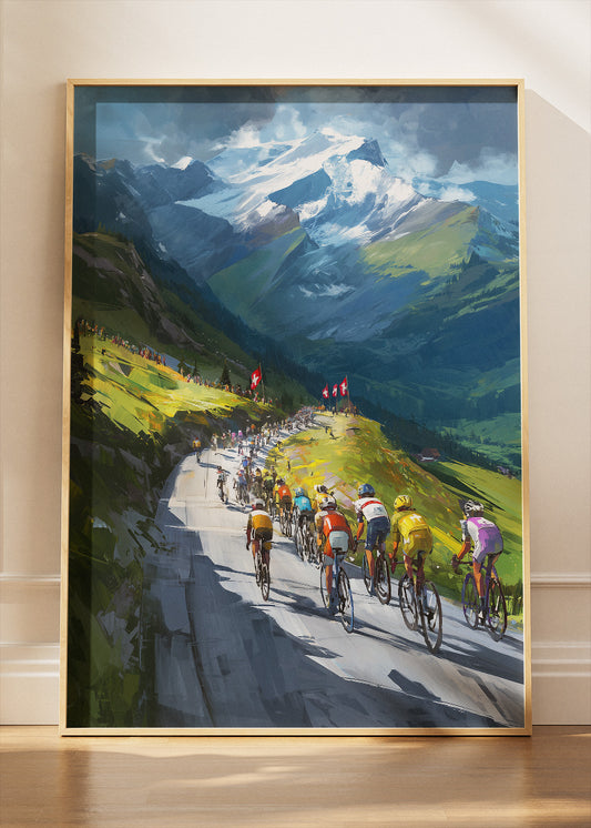 Alpine Peloton Cycling Poster & Canvas Art Print – Mountain Road Race with Snow-Capped Peaks