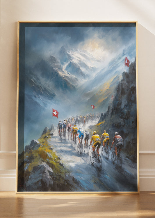 High Alpine Cycling Poster & Canvas Art Print – Snowy Mountain Ascent