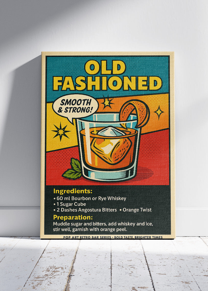 Old Fashioned Pop Art Cocktail Poster & Canvas Print | Retro Whiskey Bar Wall Art