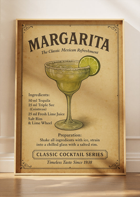 Margarita Classic Cocktail Recipe Poster & Canvas Print | Vintage Mexican Bar Wall Art