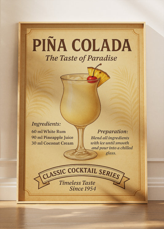 Piña Colada Vintage Cocktail Poster & Canvas Print | Classic Tropical Bar Wall Art