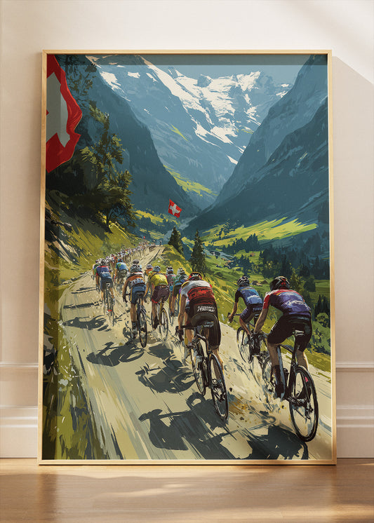 Swiss Mountain Peloton Cycling Poster & Canvas Art Print – Alpine Road Race Scene