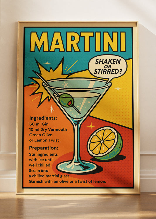Martini Recipe Pop Art Poster & Canvas Print – Retro Shaken or Stirred Cocktail Wall Art