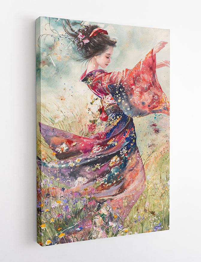 Dancing Geisha in Kimono – Elegant Japanese Watercolor Canvas & Poster Art – T1069 – AiPrintLab