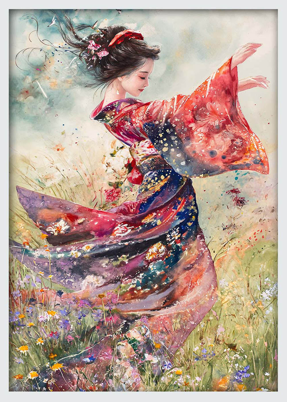 Dancing Geisha in Kimono – Elegant Japanese Watercolor Canvas & Poster Art – T1069 – AiPrintLab