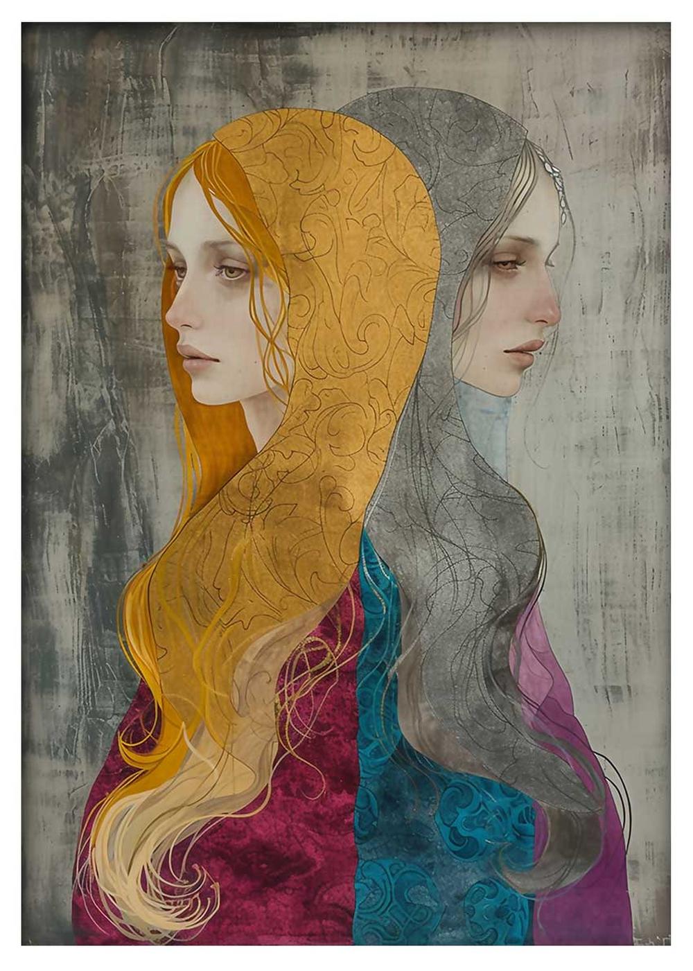 Dual Women Portrait in Ornate Robes Poster & Canvas Art – T777 – AiPrintLab