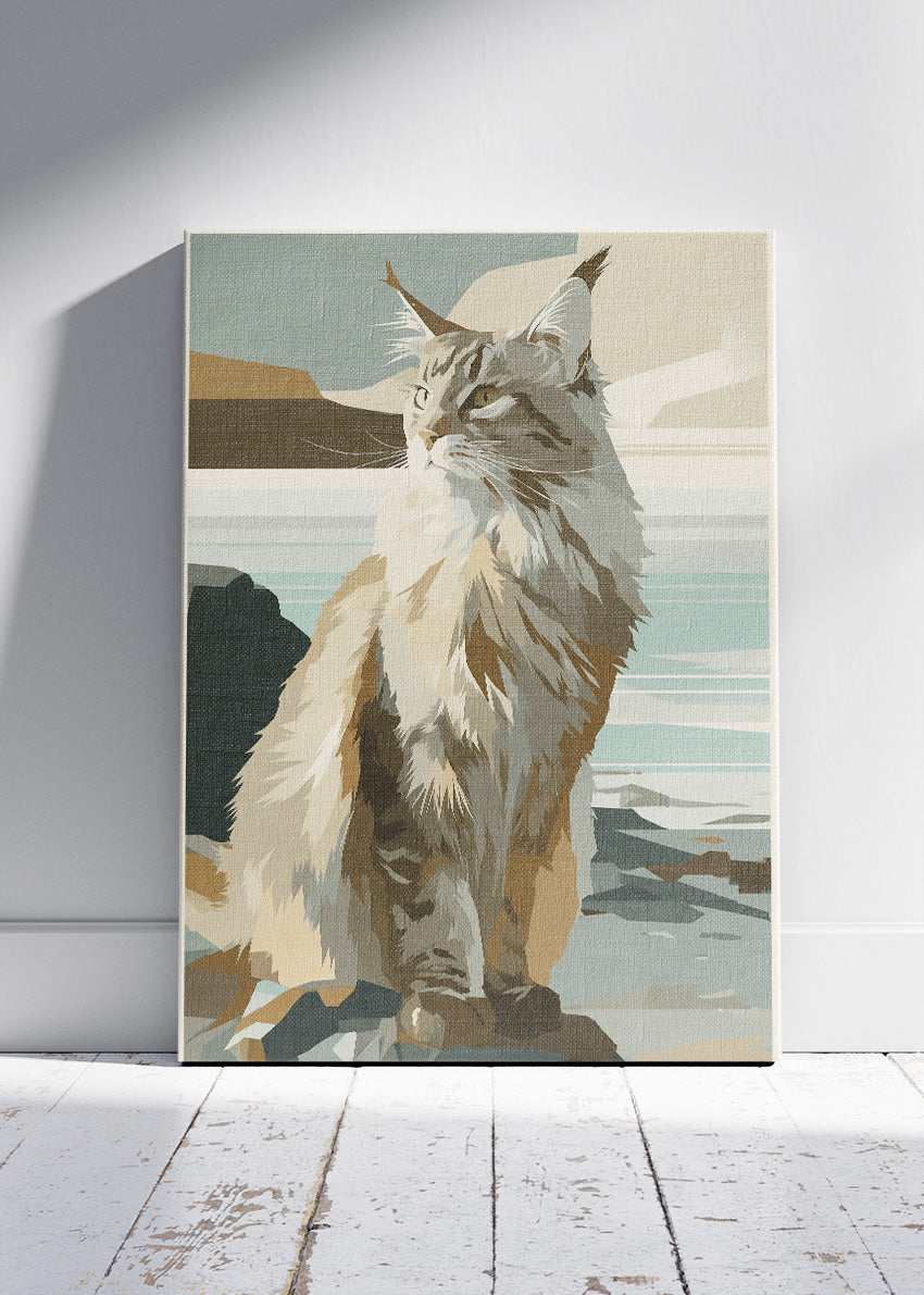 Scandinavian Cat Coastline Poster & Canvas Print – Minimal Modern Pet Art