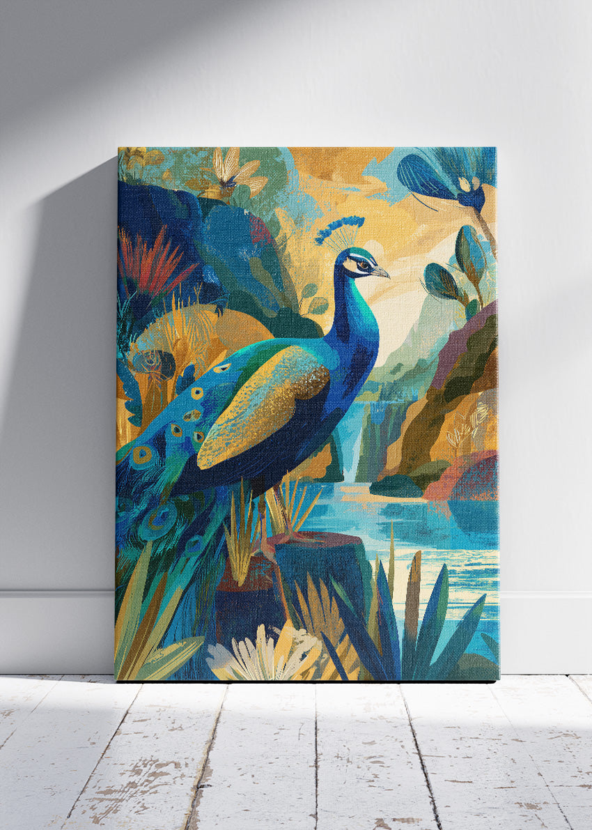 Peacock Waterfall Landscape Poster & Canvas Print – Colorful Nature Wall Art